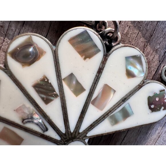 Vintage Mexican Sterling Silver Necklace With White & Abalone Inlay Floral - Picture 7 of 8